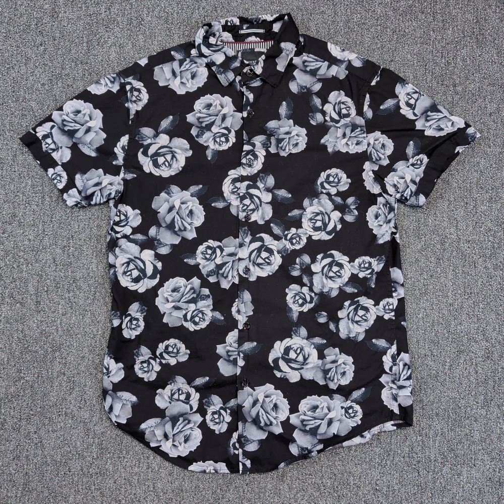 Denim & Flower Small Black White Floral Rose 100%‎ Cotton Short Sleeve Shirt S